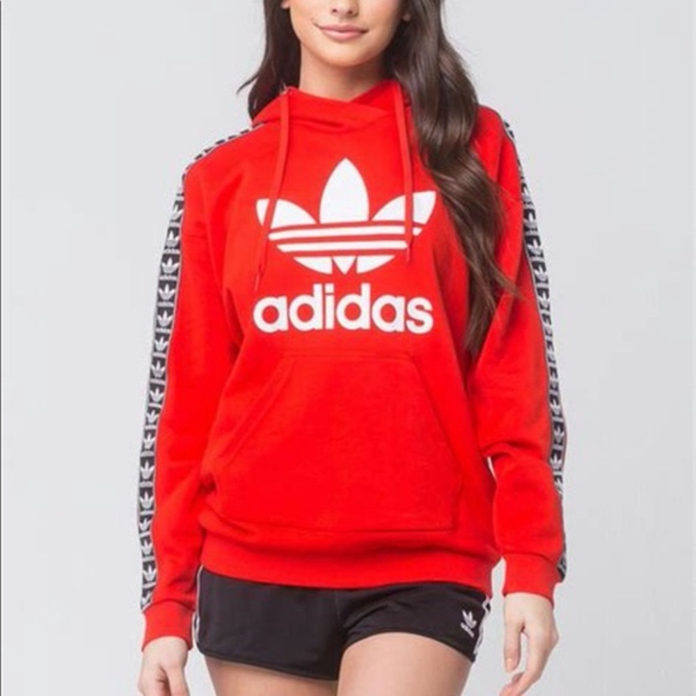 Adidas Originals Trefoil Women's Bold Red Hoodie with Black Arm Stripes Tape TNT